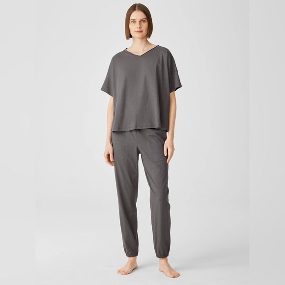 EILEEN FISHER L XL Slubby Organic Cotton V-Neck Sleep Tee in Ash • Lightweight - Picture 9 of 13